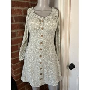 Cottagecore Floral Mini Dress Green Button Front Milkmaid Style M Boho Soft girl